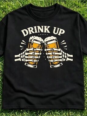 Y2K Fun St. Patrick's Day Beer Skull Pattern T-Shirt, Black, Unisex.